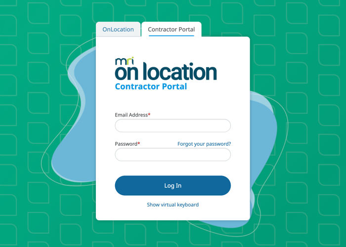MRI OnLocation Contractor Management Portal Login, blue and green background