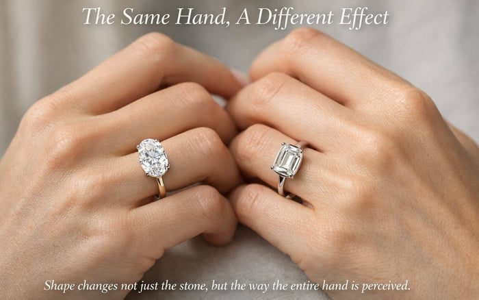 Comparison of diamond shapes showing how oval and emerald cuts change the appearance of the hand