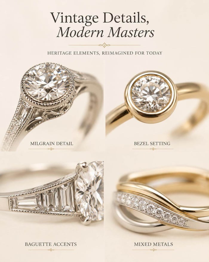 Visual guide to vintage-inspired jewellery details including milgrain, bezel setting, baguette accents and mixed metals.