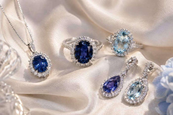 Blue Gemstone And Diamond Jewellery Palette Blue gemstone and diamond jewellery on pale ivory silk