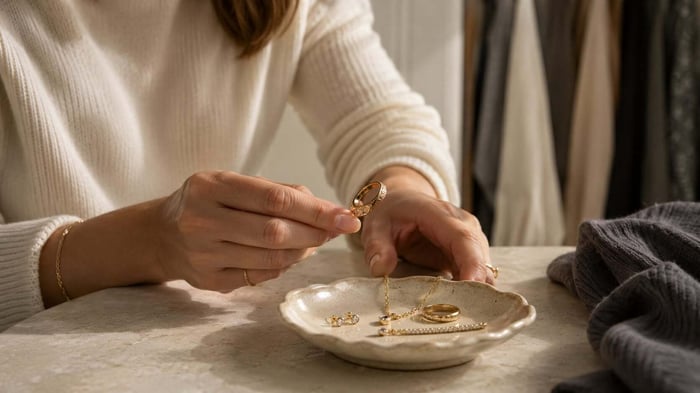 A woman selecting a favourite ring and earrings from a small personal jewellery tray beside everyday clothing.