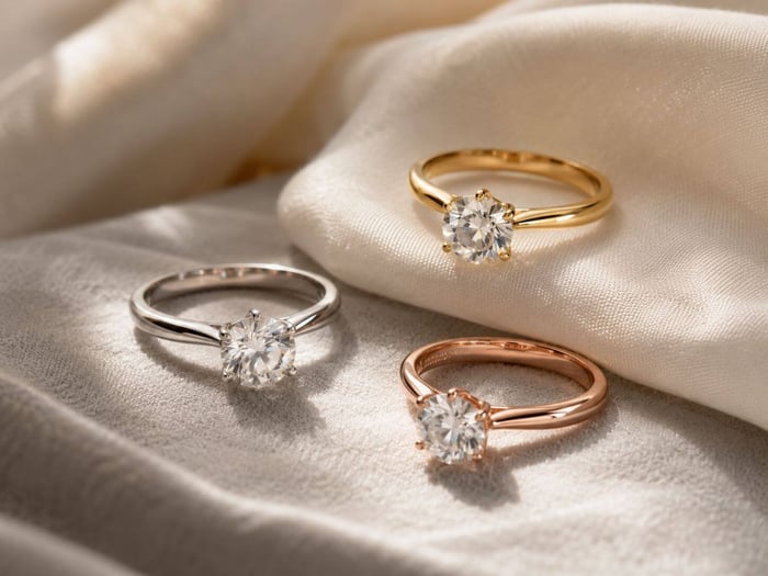Three diamond rings in white gold yellow gold and rose gold on soft ivory fabric