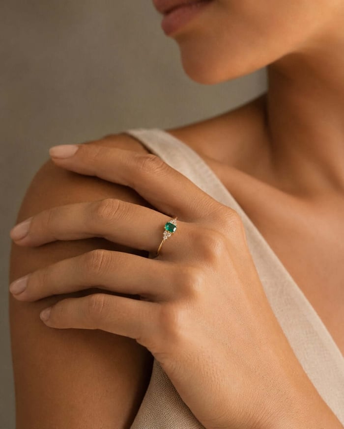 Close-up of a woman’s hand wearing an emerald and diamond ring in yellow gold