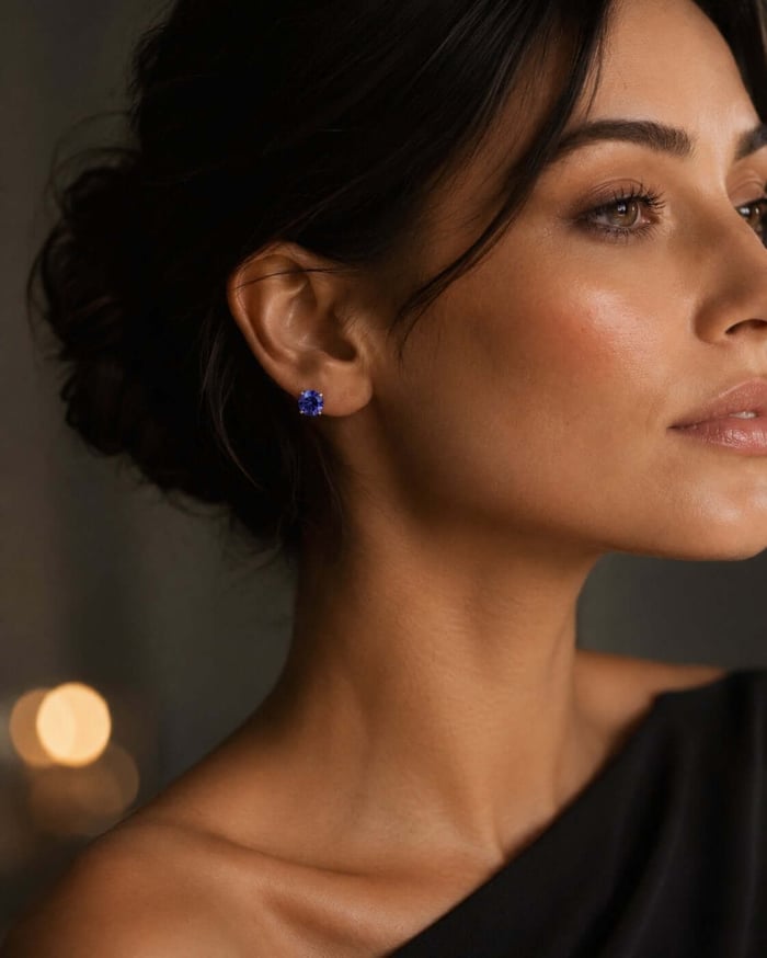 Woman wearing blue-violet tanzanite stud earrings in an elegant evening portrait