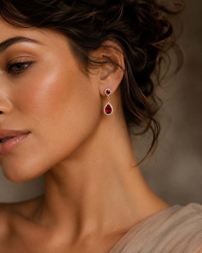 Woman wearing ruby and diamond drop earrings in a warm editorial portrait