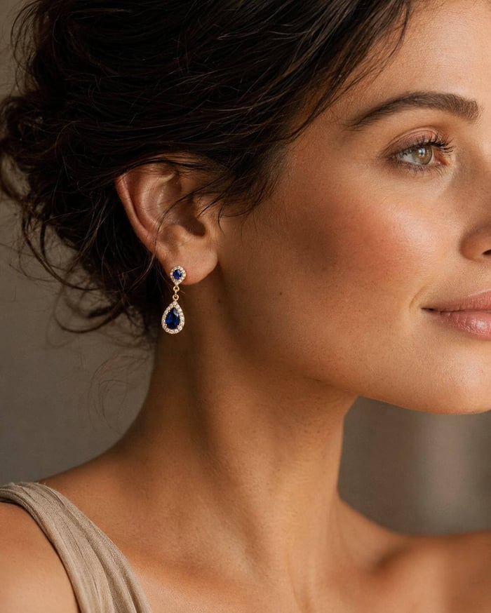 Woman wearing blue sapphire and diamond drop earrings in a refined editorial portrait