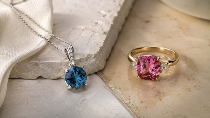 Blue topaz and pink tourmaline jewellery showing two contrasting colour personalities