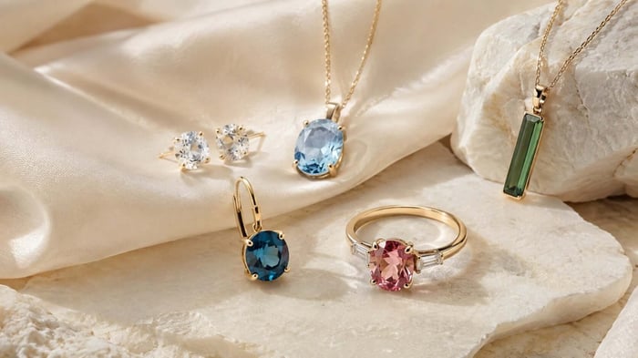 Fine jewellery showing colourless, sky blue and London blue topaz beside pink and green tourmaline tones