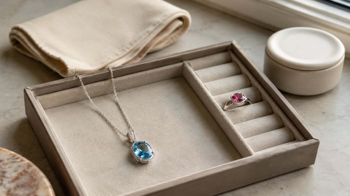Topaz pendant and tourmaline ring placed safely in a lined jewellery tray