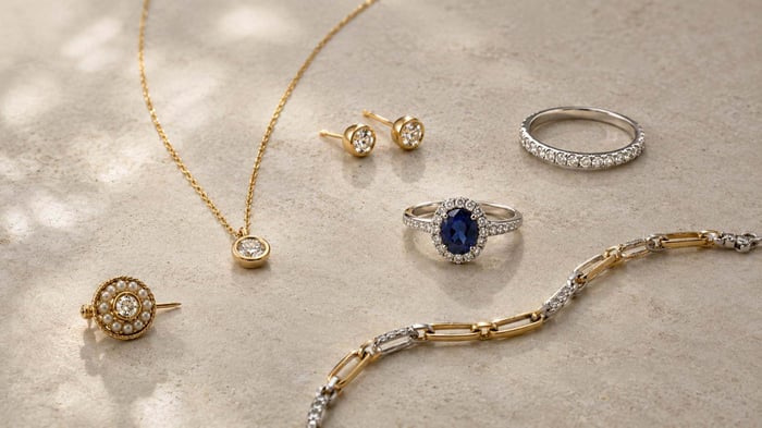 Mixed yellow-gold and white-gold diamond jewellery arranged with a blue sapphire ring in a visually balanced edit.
