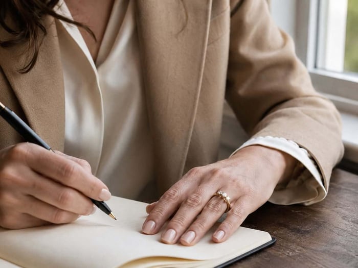 Woman wearing a three-stone natural diamond ring while writing in a notebook