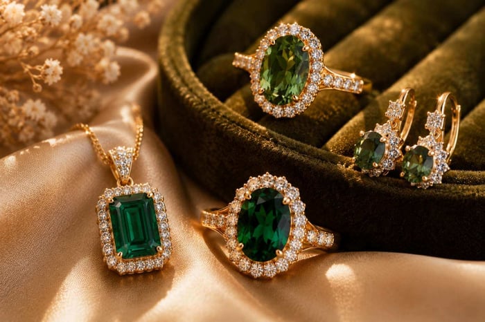 Green Gemstone And Diamond Jewellery Palette Green gemstone and diamond jewellery on champagne silk and olive velvet