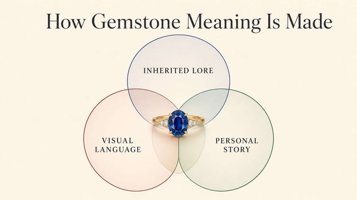 Diagram showing inherited lore, visual language and personal story as the three layers of gemstone meaning.