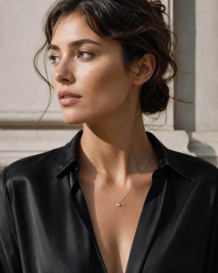 Woman wearing a single natural diamond solitaire pendant with a simple black silk blouse
