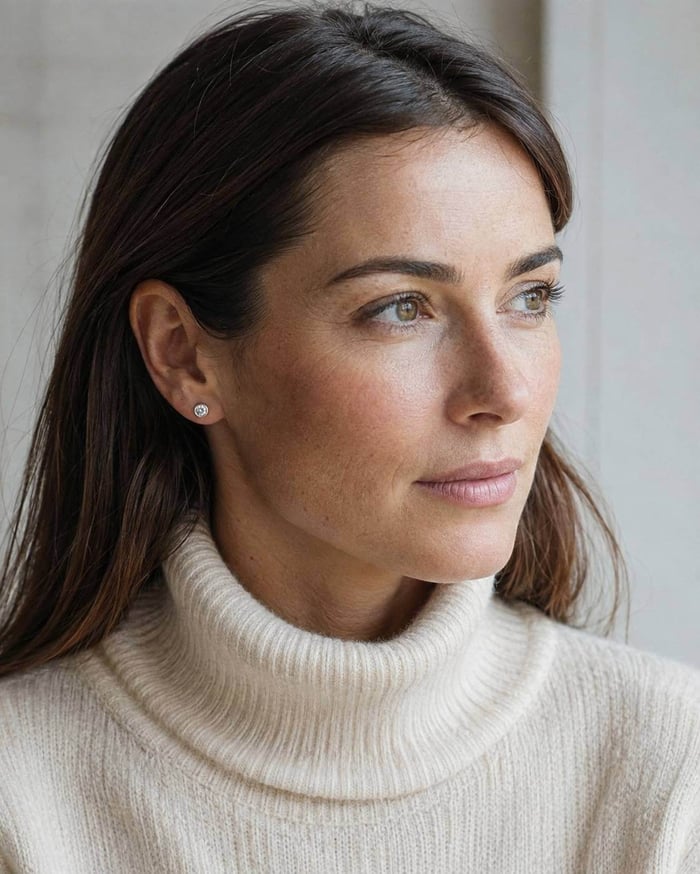 Woman wearing minimalist natural diamond stud earrings in white-gold rub-over settings