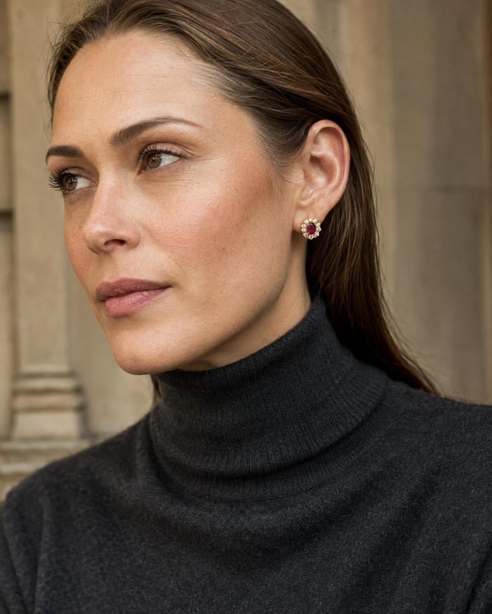 Woman wearing ruby and natural diamond earrings with a charcoal high-neck knit