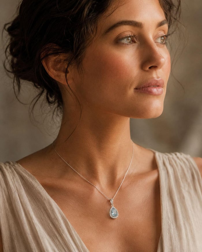 Woman wearing a pale aquamarine and diamond pendant necklace in white gold