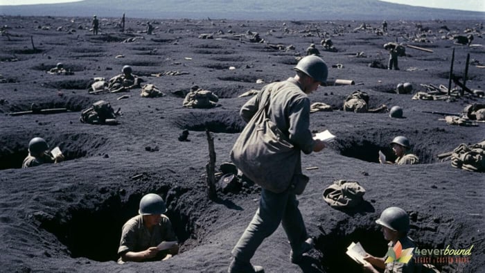 Military mail collection system gathering letters from Marines across Iwo Jima battlefield
