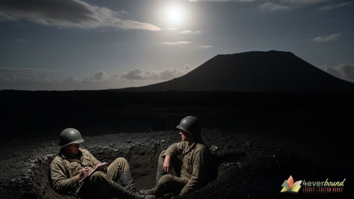 US Marines writing letters by moonlight during dangerous nighttime hours at Iwo Jima