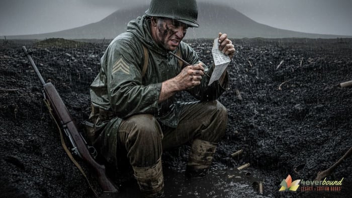 Marines protecting letters from rain in flooded Iwo Jima foxhole during harsh conditions