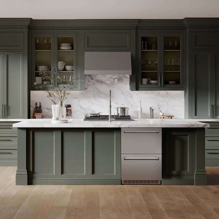 ZLINE 24 in. Touchstone 168 Can Outdoor-Rated Dual Refrigerator Drawer with Stainless Steel Doors (RDSO-ST-24) in a luxury kitchen.