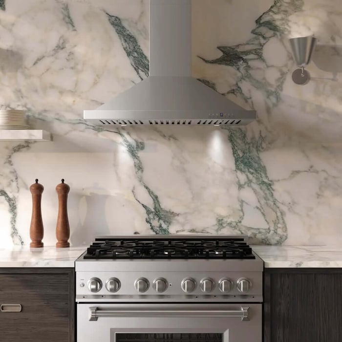 ZLINE KB Range Hood above a matching range.
