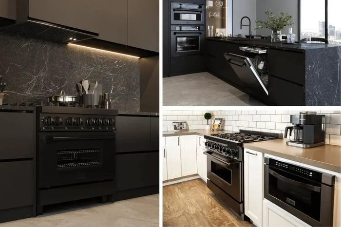 Collage of minimalist kitchens with black stainless appliances.