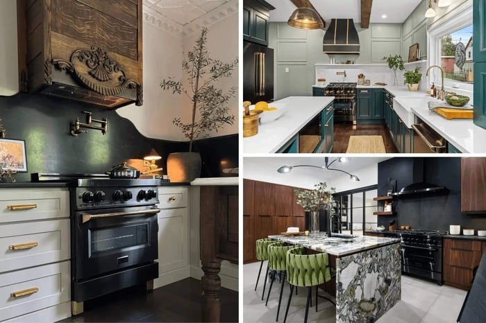 Collage of farmhouse kitchens with black stainless appliances.