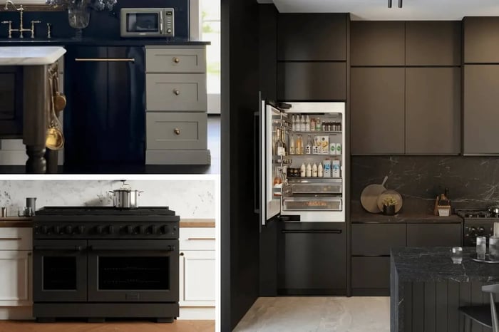 Collage of industrial kitchens with black stainless appliances.