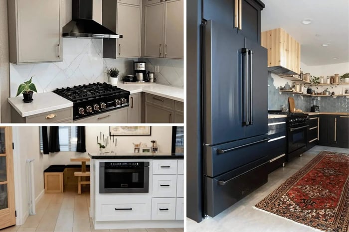 Collage of contemporary chic kitchens with black stainless appliances.