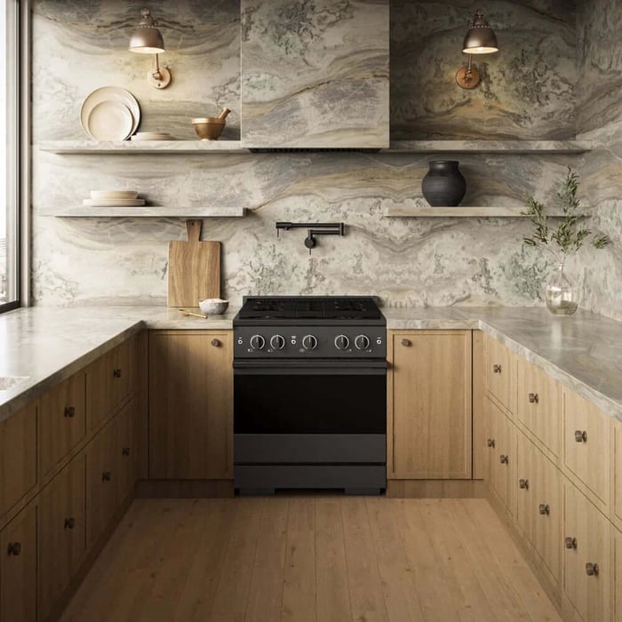 Modern black stainless range in a modern kitchen.