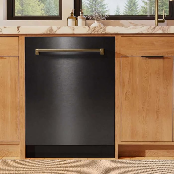 Black stainless dishwasher in a luxury kitchen.