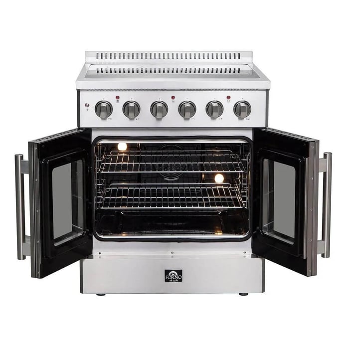 Forno Galiano 30 in. 4.32 cu. ft. French Door Freestanding All Electric Range in Stainless Steel (FFSEL6917-30) on a white background with doors open.