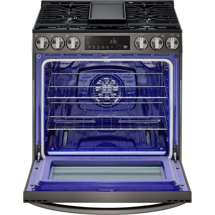 LG 30 in. 5.8 Cu Ft. Smart Wi-Fi Enabled Fan Convection Gas Slide-in Range with Air Fry & EasyClean (LSGL5833D) front, oven open