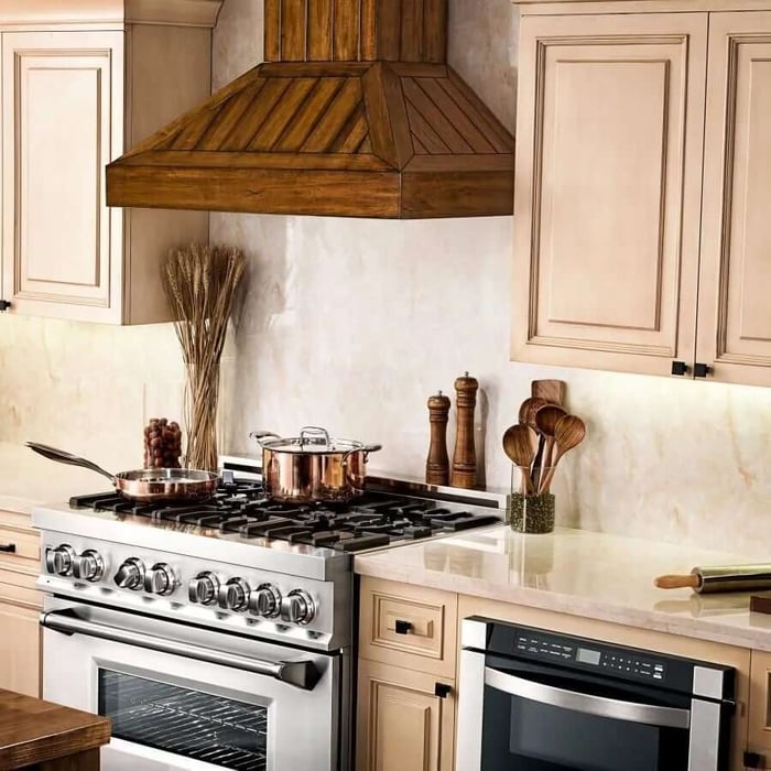 ZLINE Wooden Wall Mount Range Hood In Rustic Light Finish - Includes Motor (KPLL) in a farmhouse kitchen
