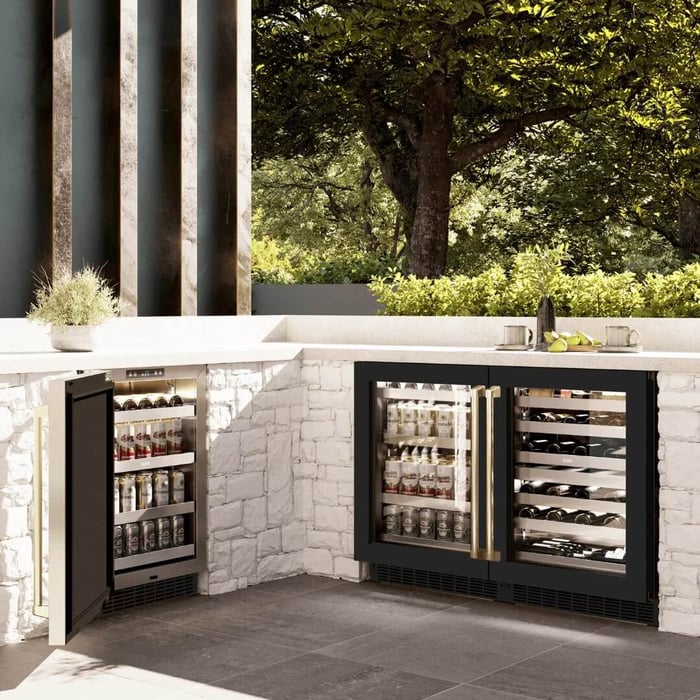 ZLINE wine cooler with two matching beverage fridges in an outdoor patio.