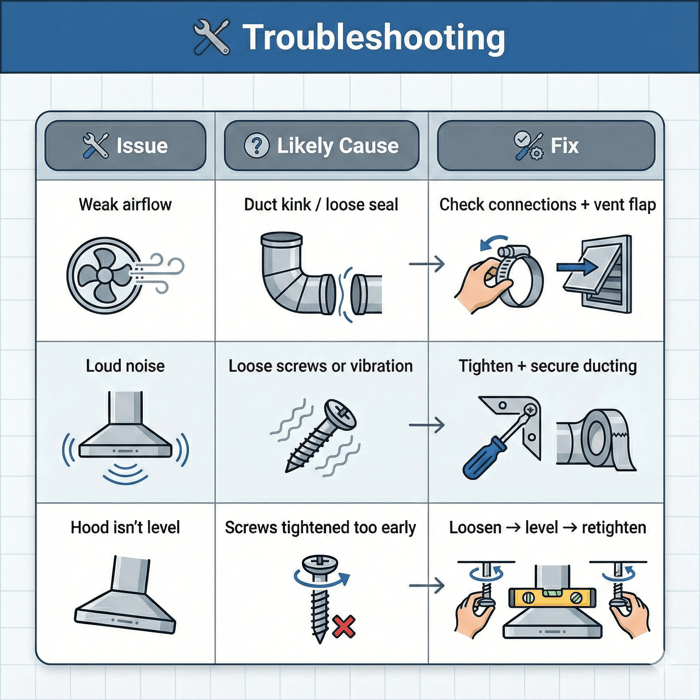 An infographic chart titled "Troubleshooting" listing three common range hood issues: Weak airflow, Loud noise, and Hood isn't level, alongside their likely causes and repair steps.
