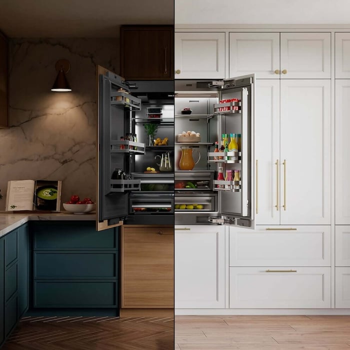 Two kitchens side-by-side, one with dark wood and one with white wood.