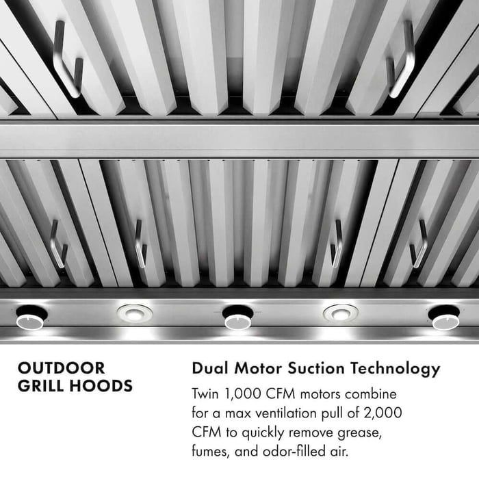 Outdoor grill hoods. Dual motor suction technology. Twin 1,000 CFM motors combine for a max ventilation pull of 2,000 CFM to quickly remove grease, fumes, and odor filled air