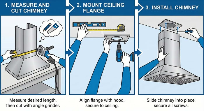 Graphic showing how to install range hood chimney and cut to correct size