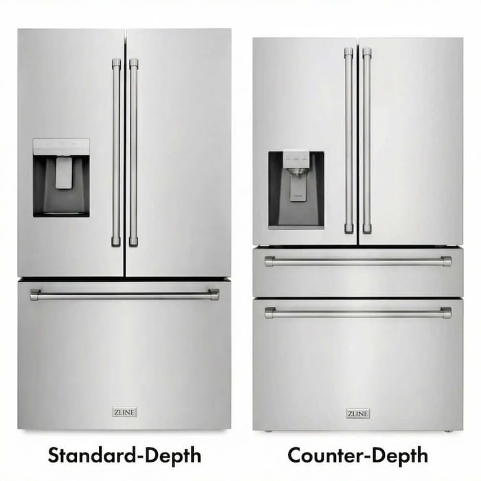 ZLINE standard-depth refrigerator next to ZLINE counter-depth refrigerator