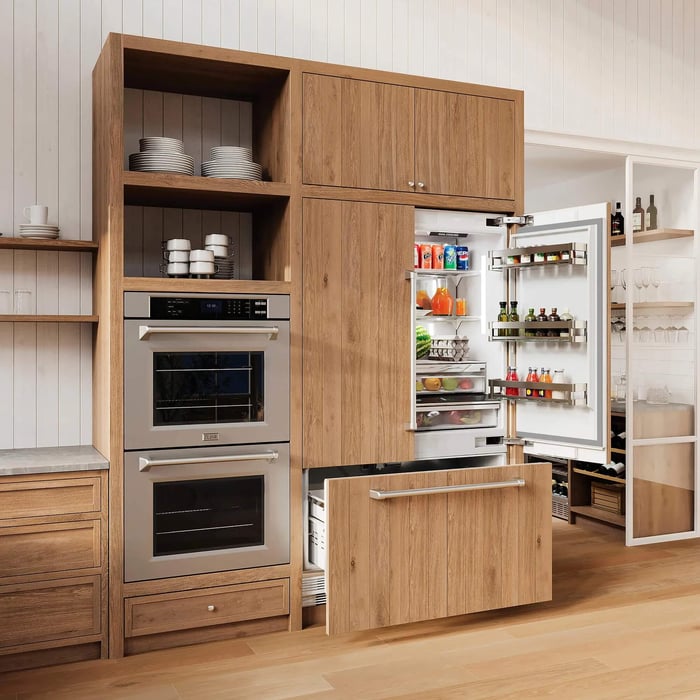 A panel ready refrigerator with wood panels