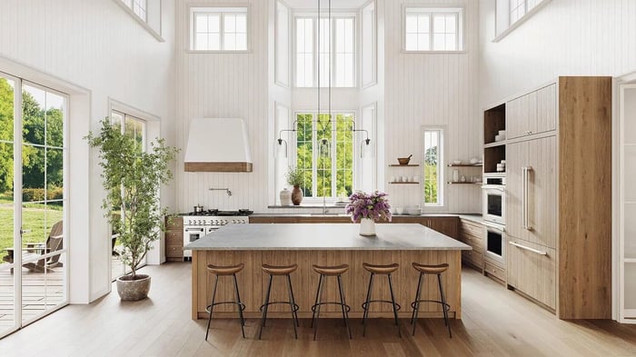 A farmhouse kitchen with wood details