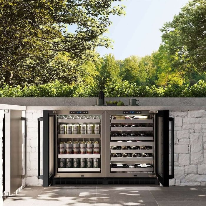 Undercounter wine cooler and beverage fridge in an outdoor dining area