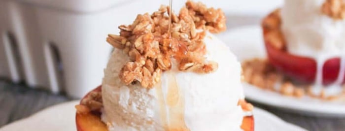 Grilled Peach Crisp Sundae with Cinnamon-Honey Drizzle
