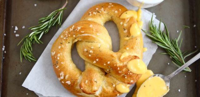 Rosemary Sea Salt Pretzels with Rosemary Cheddar Cheese Sauce