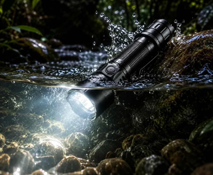 water-resistant hunting flashlight operating in a shallow forest stream