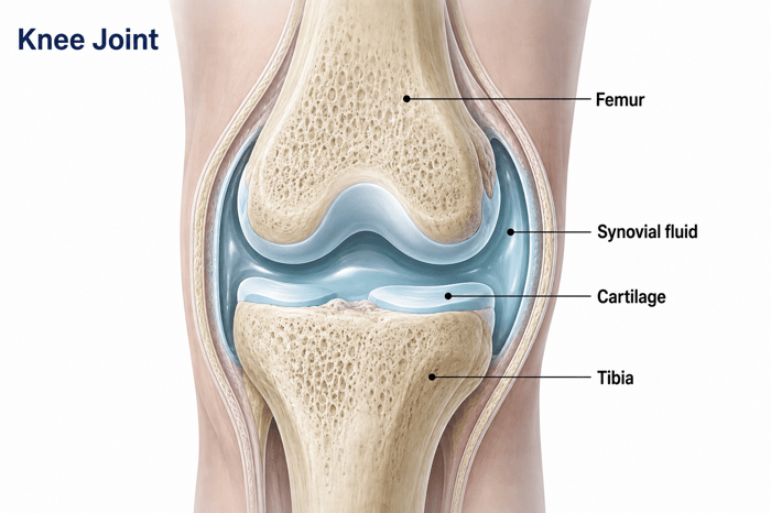 Diagram of a knee joint showing synovial fluid, illustrating bone on bone knee pain and cartilage nutrition.