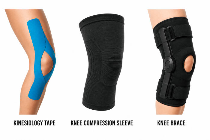 Three types of knee support: kinesiology tape, a compression sleeve, and a knee brace.