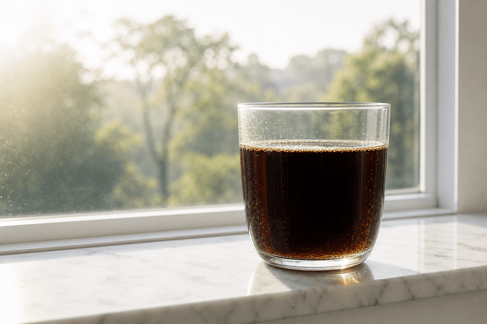 Glass of dark beverage on a sunny windowsill.